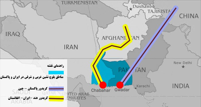 نقشه کریدورهای چین و هند در بلوچستان